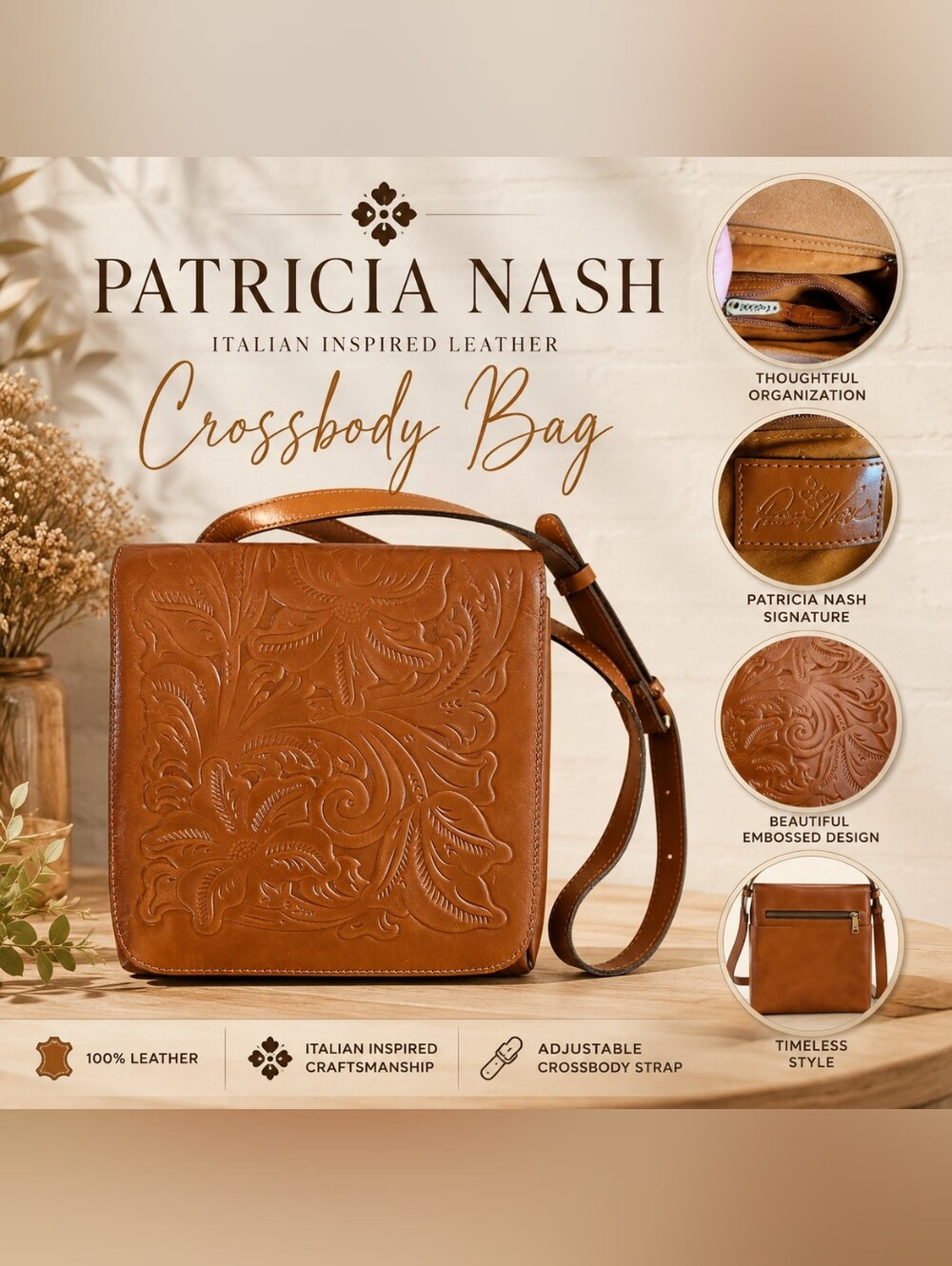 Patricia Nash Tooled Leather Tan Crossbody Bag